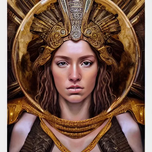 Image similar to hyperrealistic mixed media painting of beautiful goddess Athena, stunning 3d render inspired art by P. Craig Russell and Barry Windsor-Smith, perfect facial symmetry, dim volumetric lighting, 8k octane beautifully detailed render, post-processing, portrait, extremely hyper-detailed, intricate, epic composition, brown eyes, realistic realistic realistic eyes, cinematic lighting, masterpiece, trending on artstation, detailed detailed detailed, masterpiece, stunning