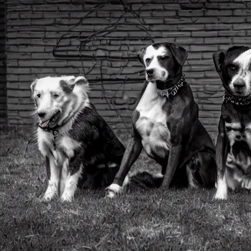 Image similar to black and white vintage portrait of a ragtag team of three dogs as a crew of thieves in a dark steampunk setting