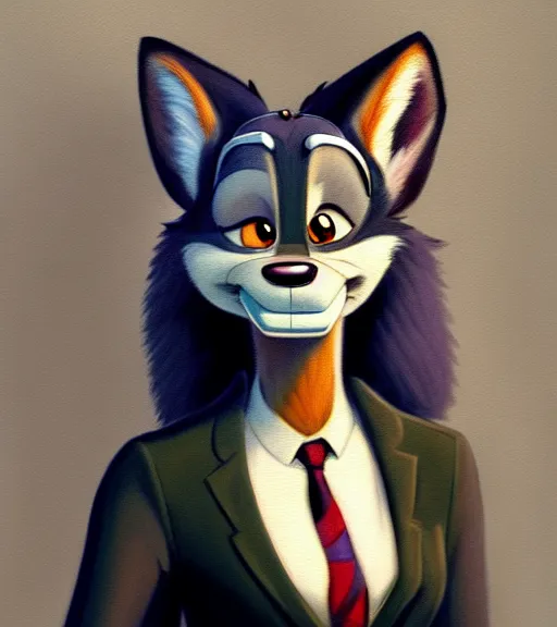 Image similar to oil painting of full body of anthromorphic female wolf, in style of zootopia, zootopia, zootopia, fursona, furry, furaffinity, 4 k, deviantart, furry art, fursona art, wearing black business suit, business suit, in style of zootopia, wolf fursona, cyberpunk, female, expressive detailed feminine face,