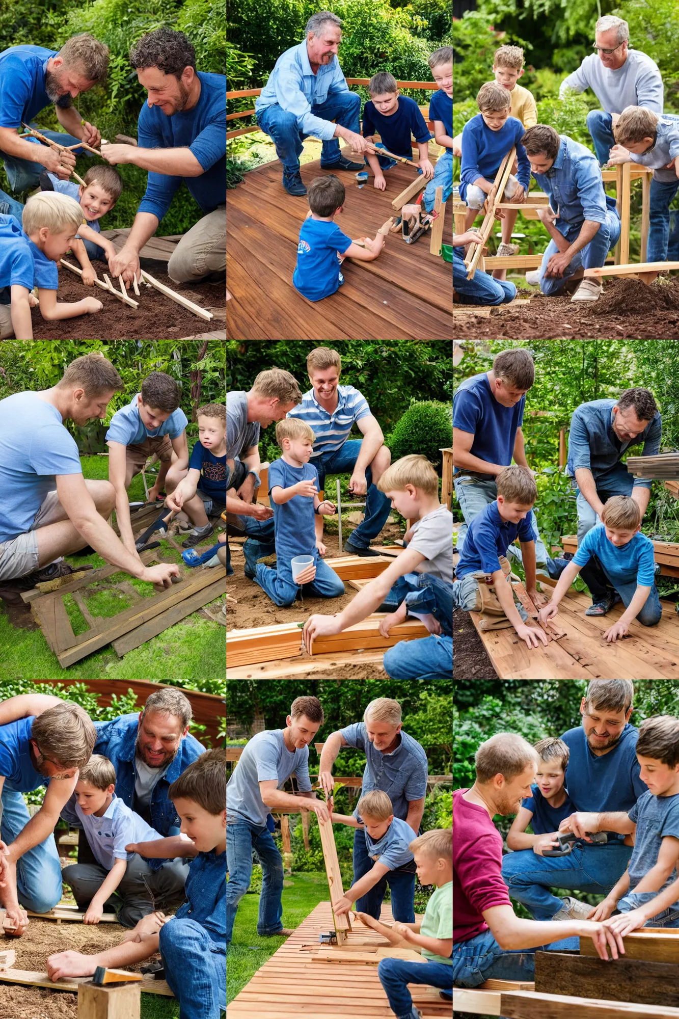 Prompt: a father and his two sons building a deck in the garden.