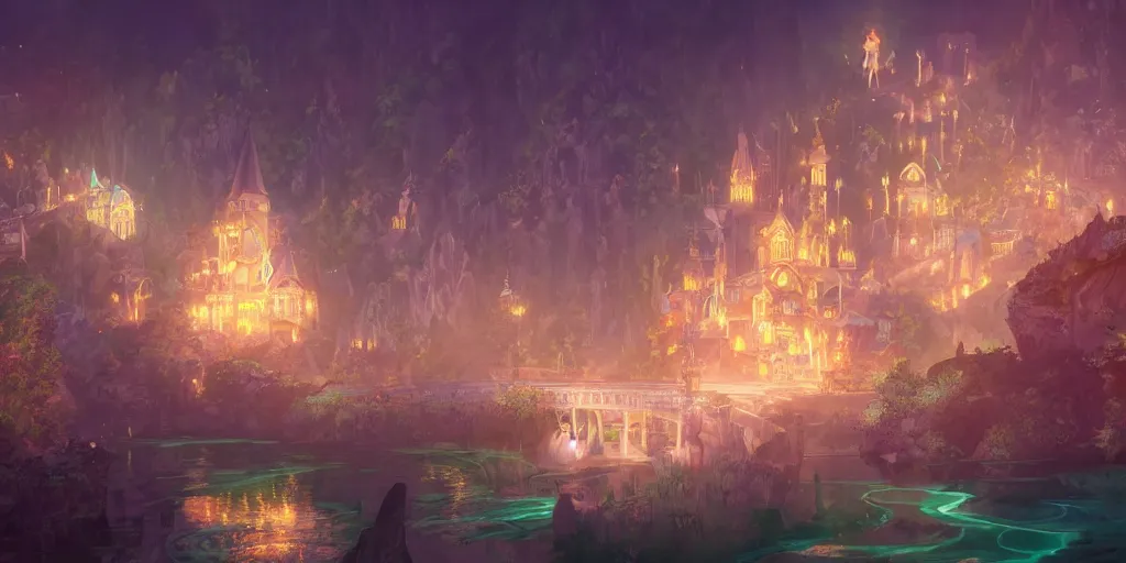 Prompt: beautiful and immersive magical town, magical buildings, bioluminescent forest surrounding, gentle rivers flowing through town, visual novel key visual, award - winning digital art on pixiv, trending on artstation - cinematic lighting, dramatic lighting, stunning and beautiful view - highly detailed, hyperrealistic, unreal engine 5, in the style of kingdom hearts