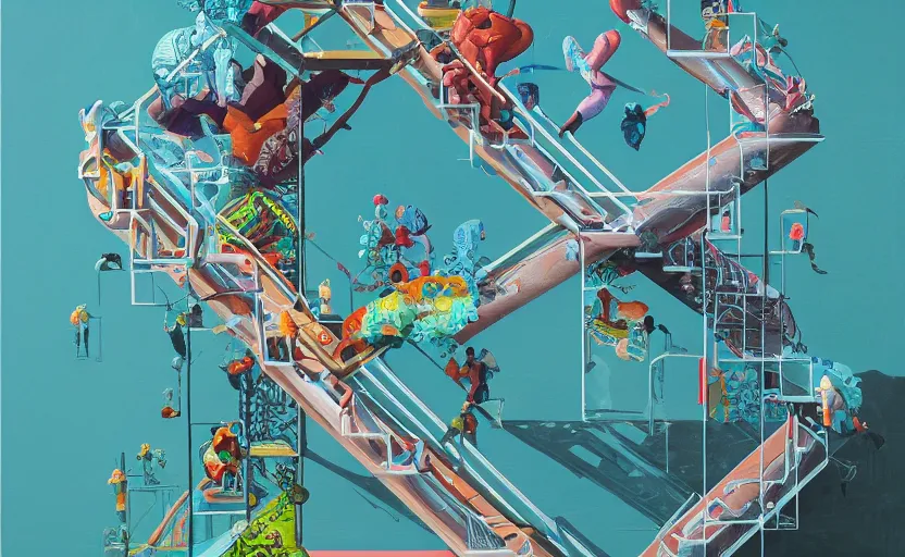 Prompt: chutes and ladders. detailed abstract acrylic painting by beeple, edited by mc escher, detailed by raqib shaw, popsurrealism,