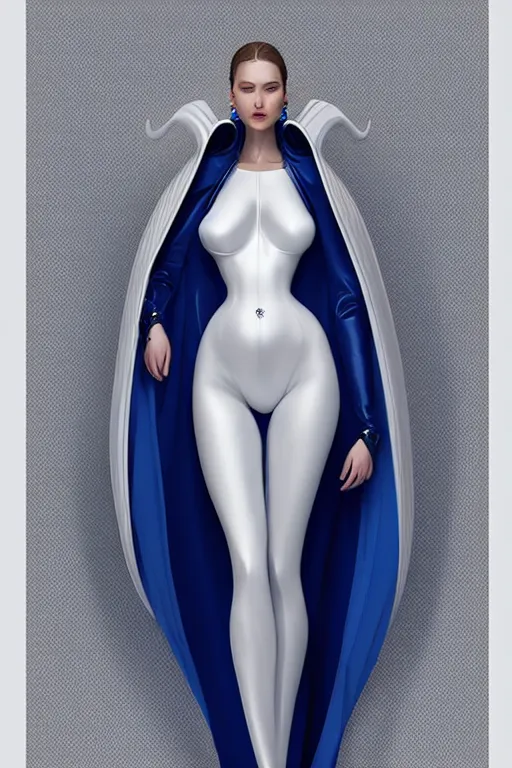 Image similar to detailed beautiful noun in opened white gold blue coat, seductive confident pose, attractive feminine curves, intricate details, futuristic, alien, elegant cape, elegant, photorealism, trending on artstation, holy halo, advanced technology, art by moebius and vitaly bulgarov and chanthara