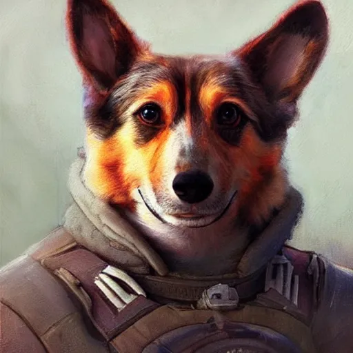 Prompt: a realistic portrait of the soviet space dog, artwork by gaston bussiere, craig mullins, trending on artstation, corgi small hat, colors from akira