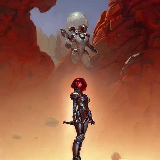 Image similar to a portrait of an woman with red short hair wearing a whiteblouse and robot armor commanding an army on a dead world full of rocks, highly detailed, centered, digital painting, artstation, concept art, donato giancola, Joseph Christian Leyendecker, WLOP, Boris Vallejo, Breathtaking