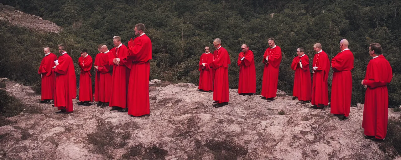 Prompt: a group of priests standing around a forbidden bright red pool on top of a mountain, nighttime, canon 5 0 mm, cinematic lighting, photography, retro, film, kodachrome