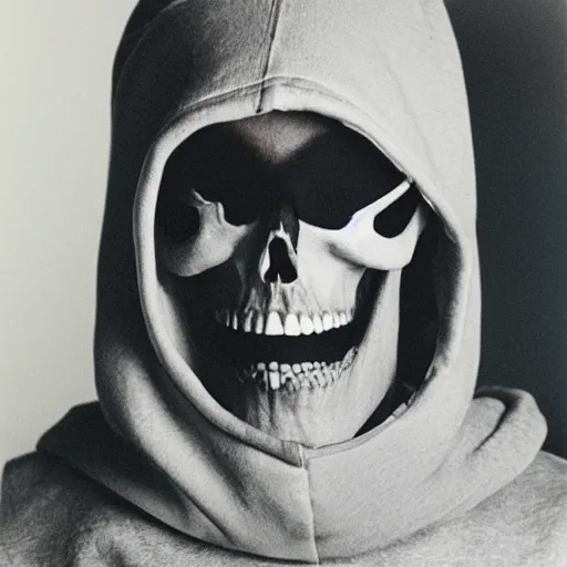 Image similar to close-up shot of a skull in a hoodie in 80s, Polaroid photo, by Warhol