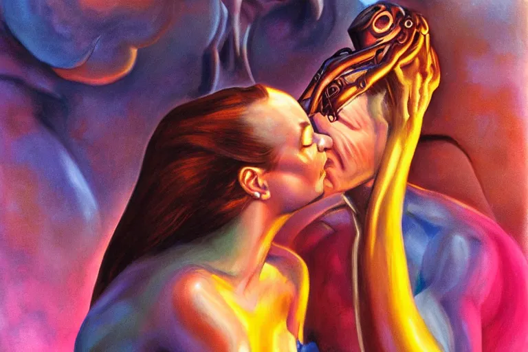 Prompt: an alien woman kisses a man by julie bell, sci - fi, color vibe, reimagined by industrial light and magic