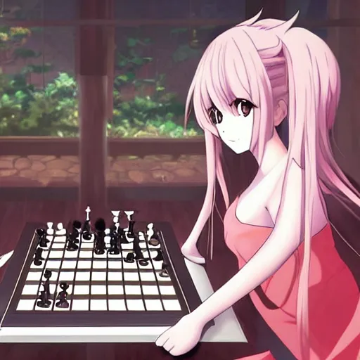 prompthunt: anime art of long black hair anime girl pondering next to a  chess set, official art