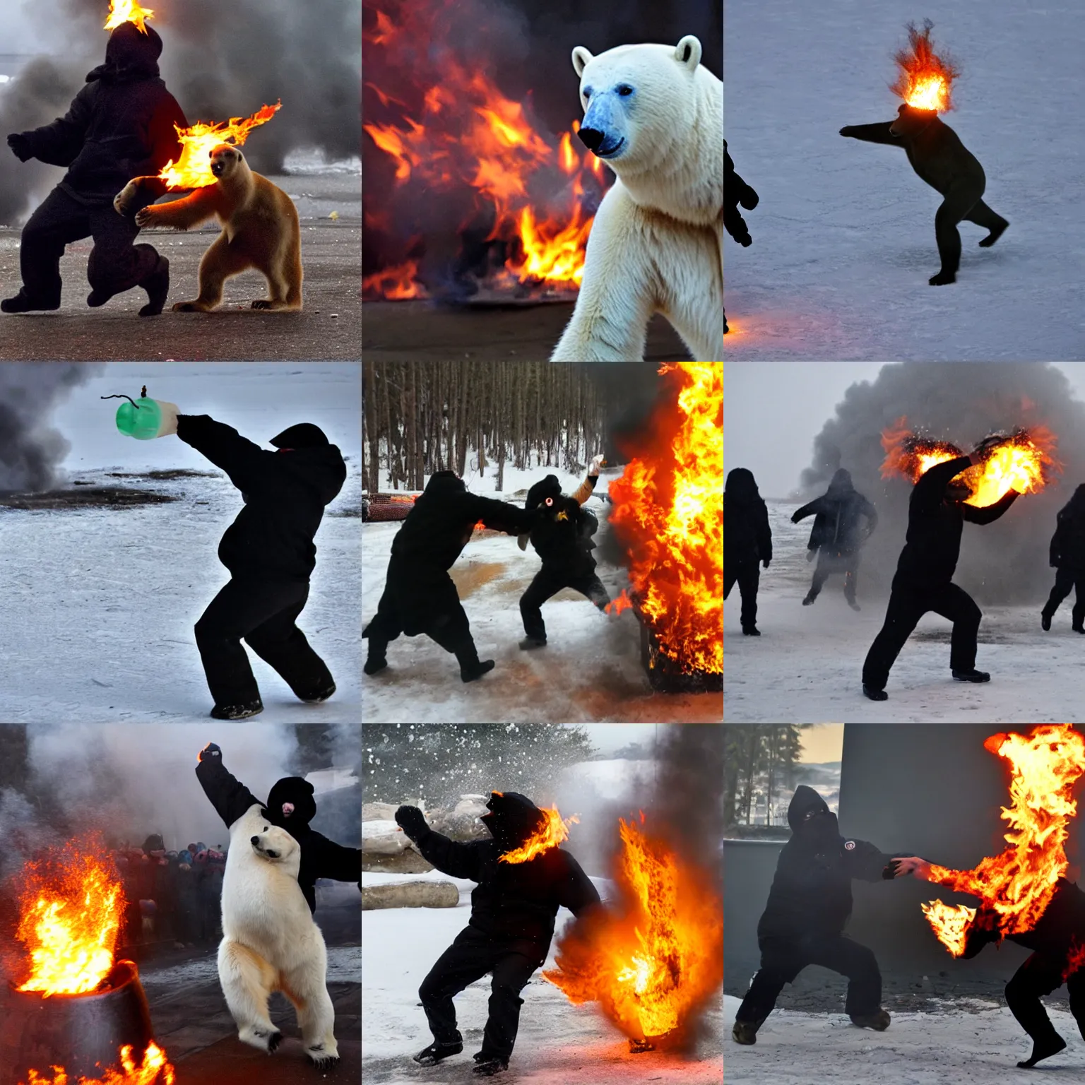 Prompt: polar bear wearing black bloc throwing a flaming bottle, photo