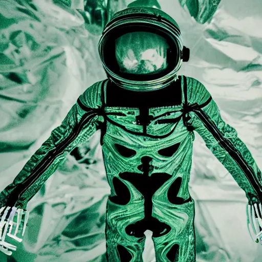 Image similar to skeleton inside a spacesuit in the ocean, green tint, feeling of dread, photo, 4k, very grainy