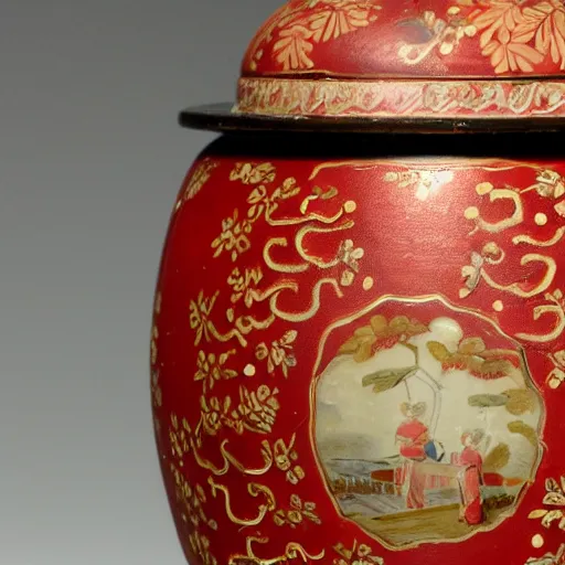 Prompt: old satsuma jar, handsomely decorated in relief with red and gold