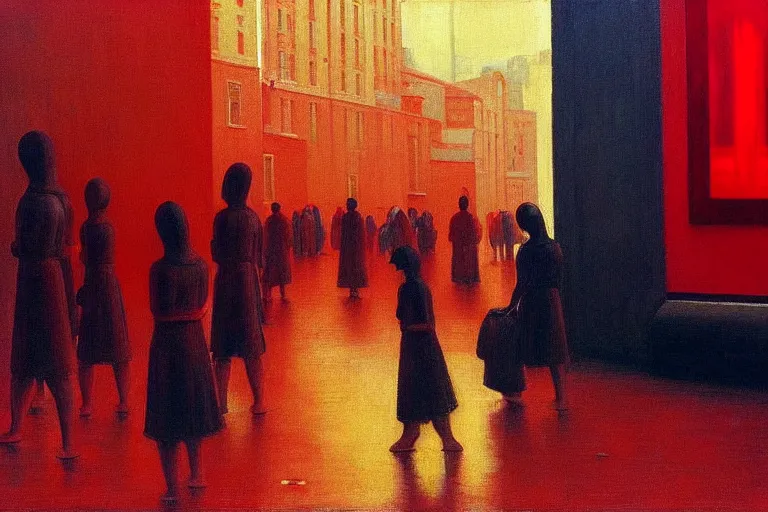 Image similar to only with red, crowd cheering at the sight of a painting, in a city square, in the style of beksinski, parts by edward hopper, parts by rodcenko, parts by yue minjun, intricate and epic composition, red by caravaggio, insanely quality, highly detailed, masterpiece, red light, artstation, 4 k