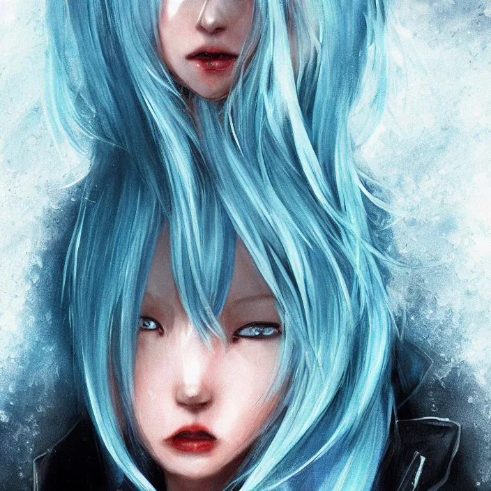 Image similar to full face shot of rimuru tempest, sky blue straight hair, long bangs, with amber eyes, wearing a black jacket, high collar, ultra detailed, concept art, award winning photography, digital painting, cinematic, wlop artstation, closeup, pixiv, evil, yoshitaka amano, andy warhol, ilya kuvshinov,