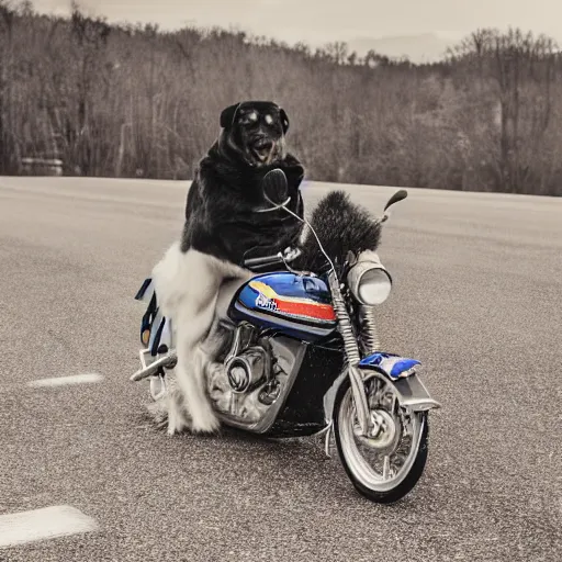 Image similar to blue heeler dog on a motorcycle, 8 k photography, blurred background of a wafflehouse