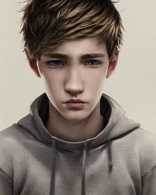 Image similar to portrait of 1 5 - year - old boy, with slender, white - blond hair, cold grey eyes, a pale complexion with sharp and pointed features, hyper realistic face, beautiful eyes, fantasy art, in the style of greg rutkowski, intricate, hyper detailed, smooth