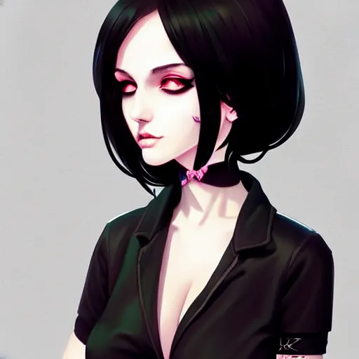 Image similar to goth gf e-girl, elegant, 2d, ultra highly detailed, digital painting, smooth, sharp focus, artstation, pixiv, art by Ilya Kuvshinov