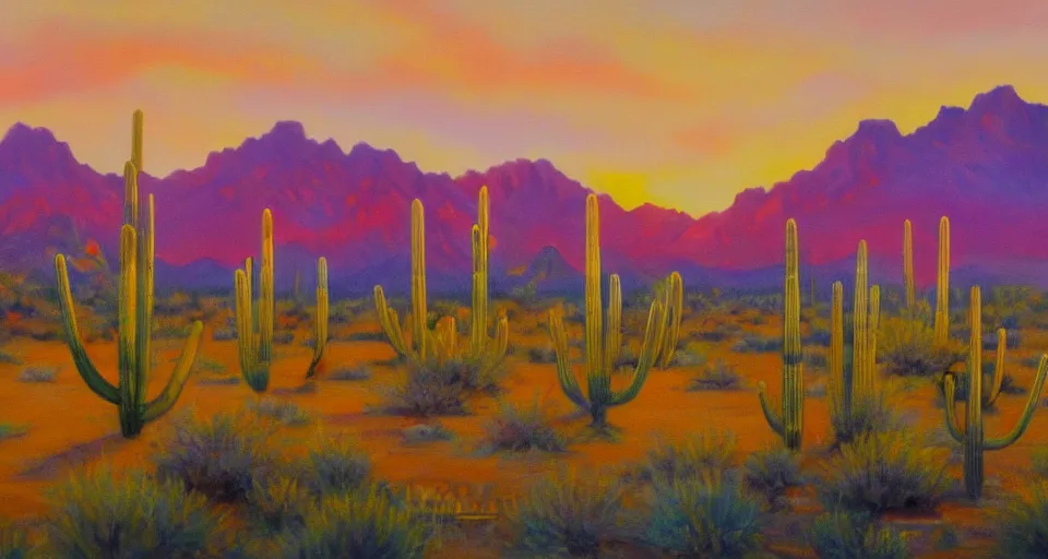 Prompt: painting of the sonoran desert at sunrise, beautiful painting, oil on canvas, by Ewa Czarniecka, award winning masterpiece,