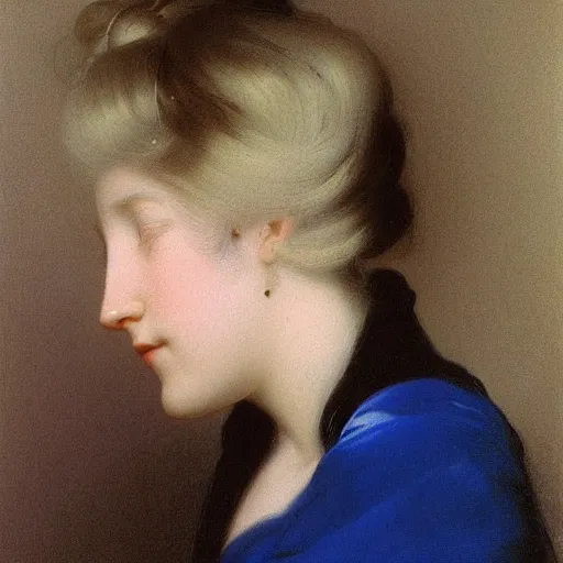 Image similar to young woman's face, her hair is white and she wears a cobalt blue duchesse satin cloak, by ivan aivazovsky and syd mead and moebius and gaston bussiere and roger dean and willem claesz and pieter claesz and paul delaroche and alma tadema and aelbert cuyp, hyperrealistic, volumetric light, octane