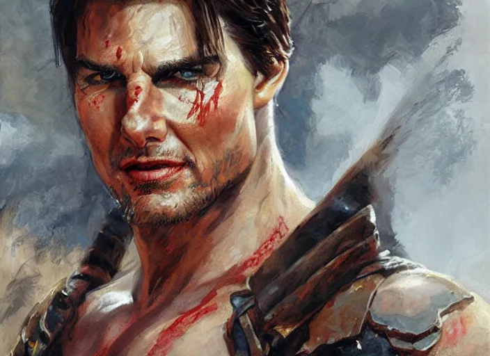 Image similar to a highly detailed beautiful portrait of tom cruise as kratos, by gregory manchess, james gurney, james jean