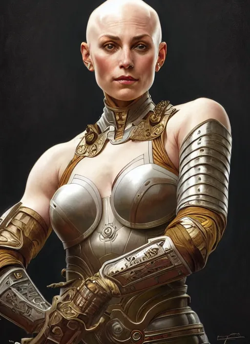 Image similar to Symmetry!! portrait of a bald woman, warrior in armour, muscular, fantasy, intricate, elegant, highly detailed, digital painting, artstation, concept art, smooth, sharp focus, illustration, art by artgerm and greg rutkowski and alphonse mucha