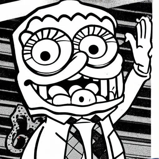 Prompt: spongebob squarepants, junji ito, black and white comic, terrorist