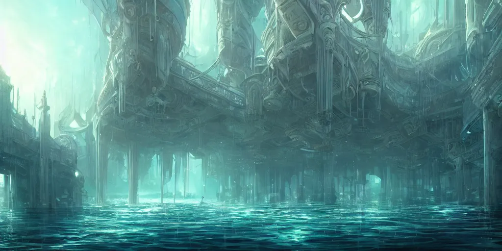 Image similar to underwater city, style epic, symmetrical, insanely detailed, style of charlie bowater, role thomas style ocatne render, artstation trend, hyper detail, epic art style, cinematic, concept art