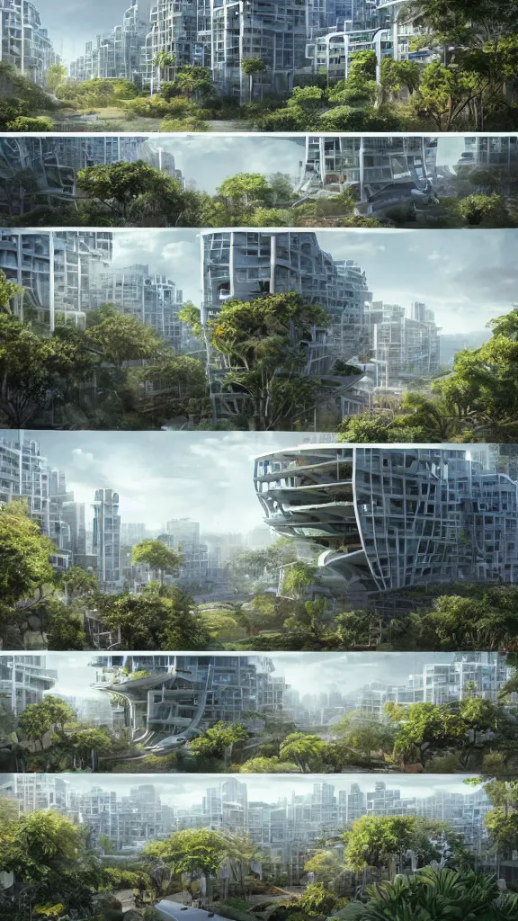 Image similar to 5 - panel comic page layout. 2 characters talking about sustainable futuristic building in a urban setting. ultrarealistic matte painting on white page. the building has many deep and tall balconies covered in plants and trees. thin random columns, large windows, deep overhangs. plants hang from balconies. greeble articulated details with plants. 8 k, uhd.