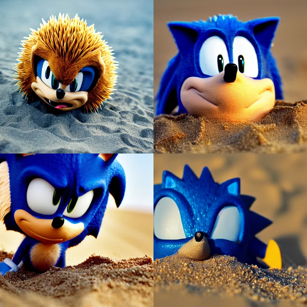 Prompt: n extreme close up of a sonic the hedgehog in the sand, high DOF, National Geographic, F 1.8, Kodak Portra