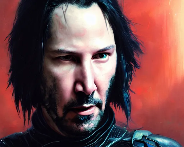 Image similar to highly detailed portrait of keanu reeves as azrael, in batman : arkham knight, stephen bliss, unreal engine, fantasy art by greg rutkowski, loish, rhads, ferdinand knab, makoto shinkai and lois van baarle, ilya kuvshinov, rossdraws, tom bagshaw, global illumination, radiant light, detailed and intricate environment