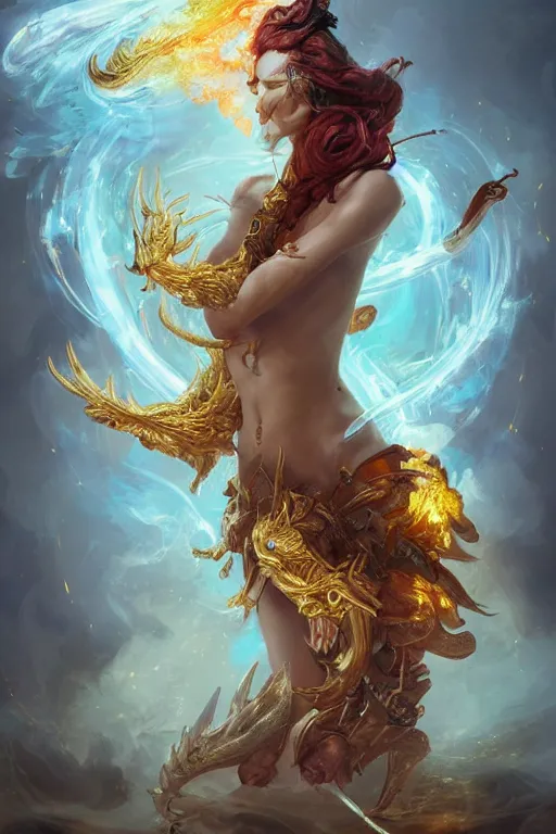 Image similar to beautiful girl sorcerer transforming into fire and golden dragon skin, casting magic spell, angel, fantasy, magic the gathering, hyper detailed, 3 d render, hyper realistic detailed portrait, peter mohrbacher, wlop, ruan jia, luis royo