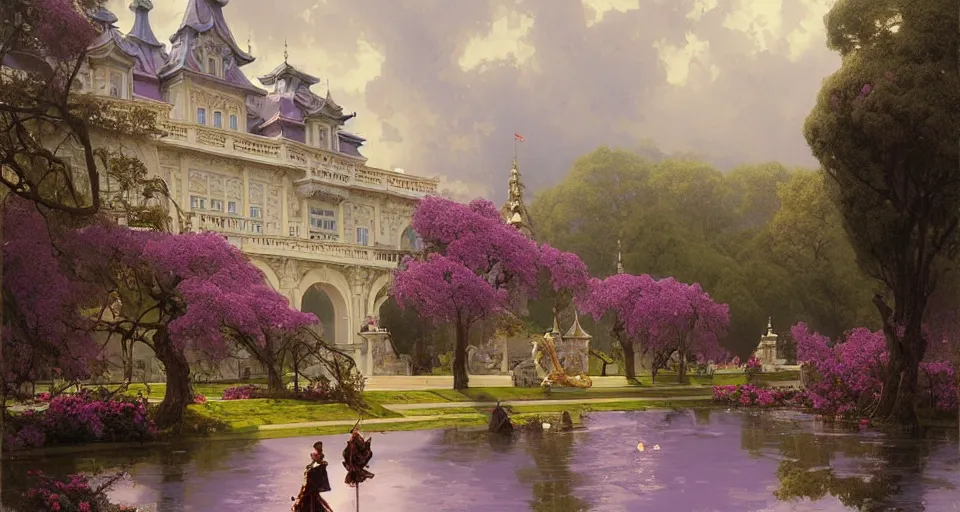 Image similar to royal palace near the lake, lilac bushes, art nouveau architecture, fantasy, art by joseph leyendecker, peter mohrbacher, ivan aivazovsky, ruan jia, reza afshar, marc simonetti, alphonse mucha