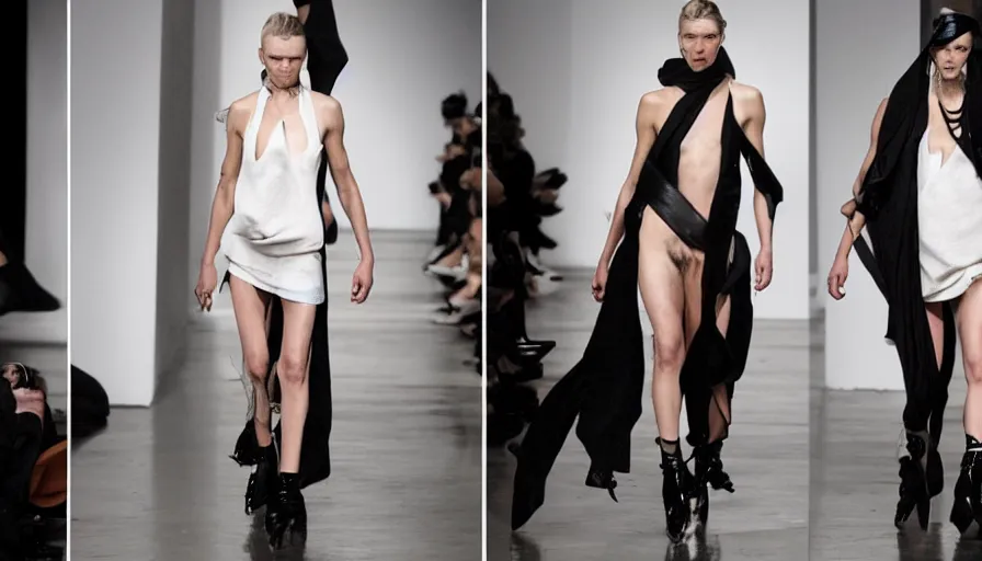 Image similar to alexander mcqueen in the style of rick owens, runway show, fashion photoshoot,