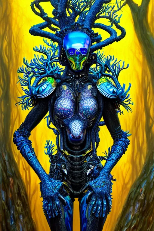 Image similar to hyperrealistic maximalist super expressive! black woman with exoskeleton armor, merging with tree in a forest, highly detailed concept art masterpiece smooth cam de leon hannah yata dramatic pearlescent blue yellow light ground angle hd 8k sharp focus