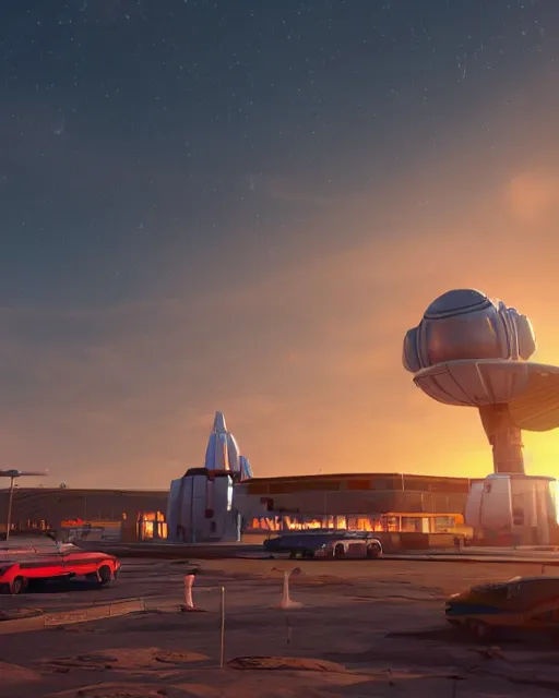 Image similar to 3 d render of a scifi spaceport, sunset lighting, unreal engine, hyper realism, realistic shading, cinematic composition, blender render, octane render, detailed textures, photorealistic, ultrawide shot