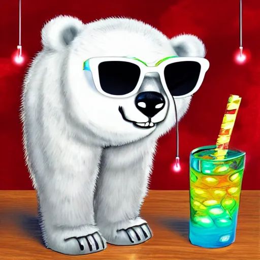 Prompt: cute little white polar bear with sunglasses, party, disco lights, drinking cocktail, high detail digital art