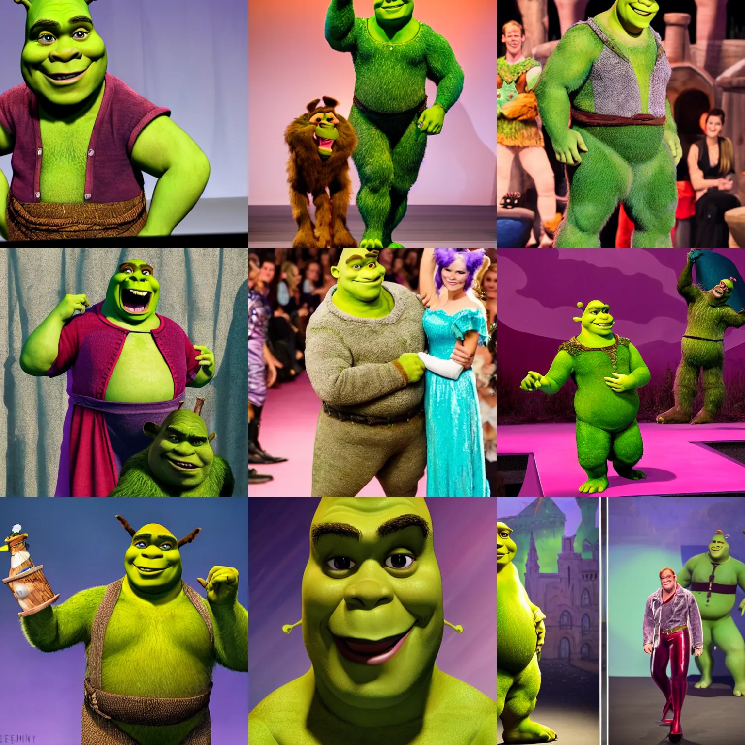 Prompt: shrek as a supermodel at the catwalk