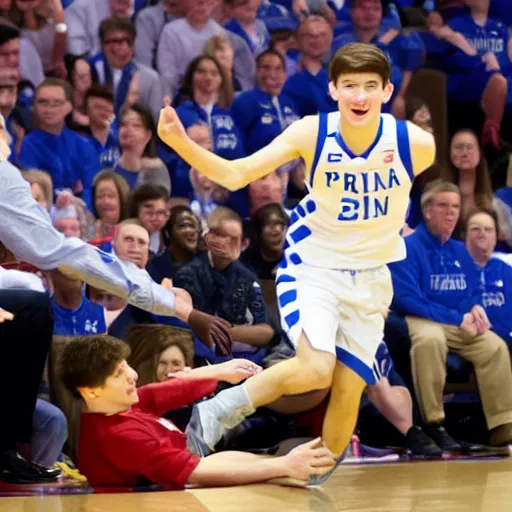 Prompt: Grayson Allen tripping President Obama during a basketball game