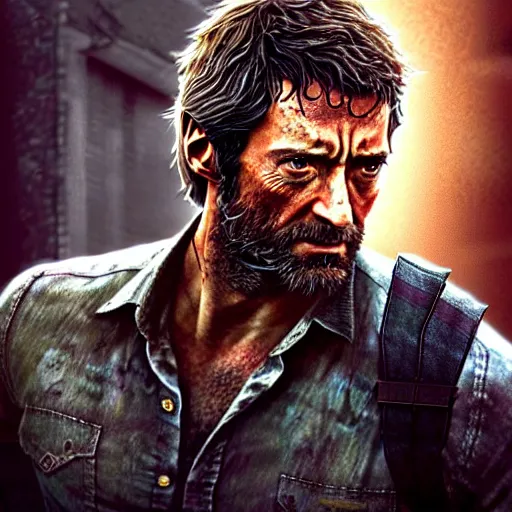 Image similar to beautiful digital art of hugh jackman as joel from the last of us, movie still from the last of us film, hdr, by artgerm