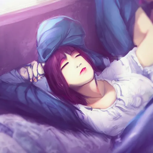 Image similar to lofi hiphop girl lying in bed listening to music by Wenqing Yan, WLOP, Zumidraws, OlchaS Logan cure liang Xing