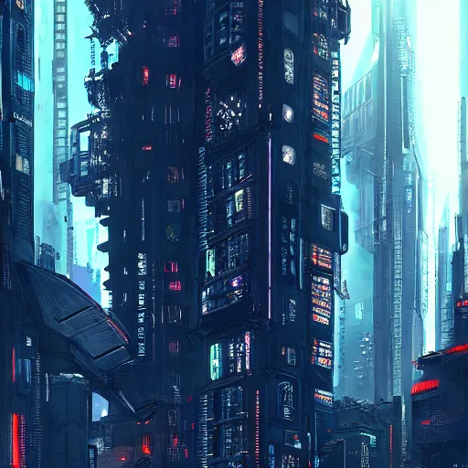 Image similar to Fully dark cyberpunk city with one building in the middle with only one window shining in style of Tsutomu Nihei. ArtStation, Cyberpunk, Vertical Symmetry, 8K, Highly Detailed, Intricate, Album Art.