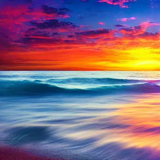Image similar to sea sunrise with waves, aesthetic, realistic, sunrise, 8 k, sharp, colorful