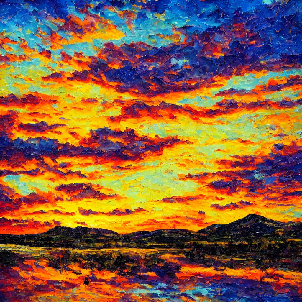 Prompt: an impasto oil painting of a stunning, colorful sunset over ratisbona painted by ken hong leung