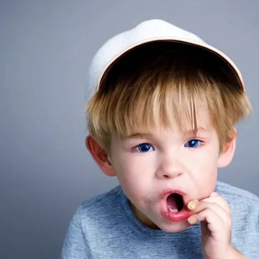 Prompt: blonde boy biting a hat