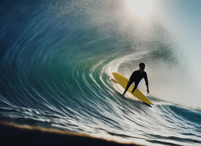 Image similar to a 2 8 mm macro photo of a surfer inside a curling wave, splash art, movie still, bokeh, canon 5 0 mm, cinematic lighting, dramatic, film, photography, golden hour, depth of field, award - winning, anamorphic lens flare, 8 k, hyper detailed, 3 5 mm film grain, hazy