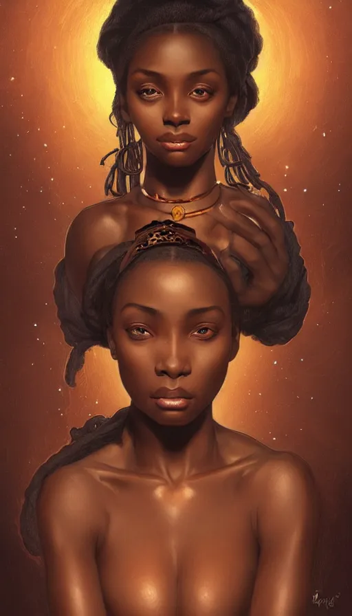 Image similar to black african princess, warm volumetric lighting, cosmic, symmetric, highly detailed, concept art, heavenly, intricate, sharp focus, illustration, alexandros pyromallis, bouguereau, rutkowski, artgerm, alphonse mucha