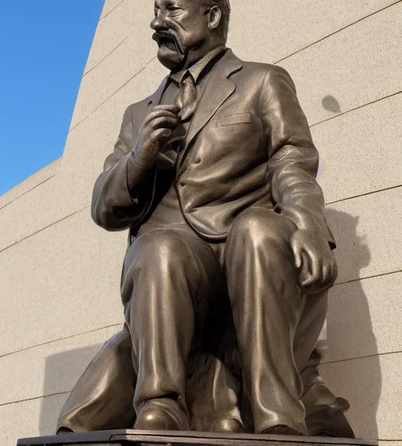 Image similar to a 4 k photorealistic photo medium shot of a bronze statue of a middle aged man with a moustache.
