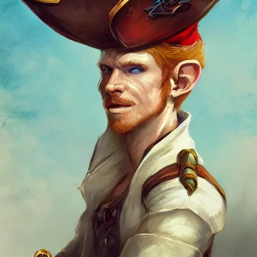 Image similar to portrait of a charming dashing ginger male elf pirate captain wearing tricorne hat, naval background, sunny day, fantasy art by greg rutkowski, intricate, elegant, D&D, award-winning, highly detailed, digital painting, trending on ArtStation, digital art.