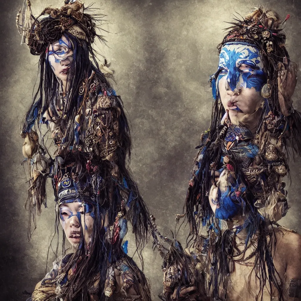 Image similar to A young blindfolded shaman japanese woman with a decorated headband performing a pagan ritual, in the style of heilung, blue hair dreadlocks and wood on her head, tribal piercing and tatoos , atmospheric lighting, intricate detail, cgsociety, ambient light, dynamic lighting, art by karol bak