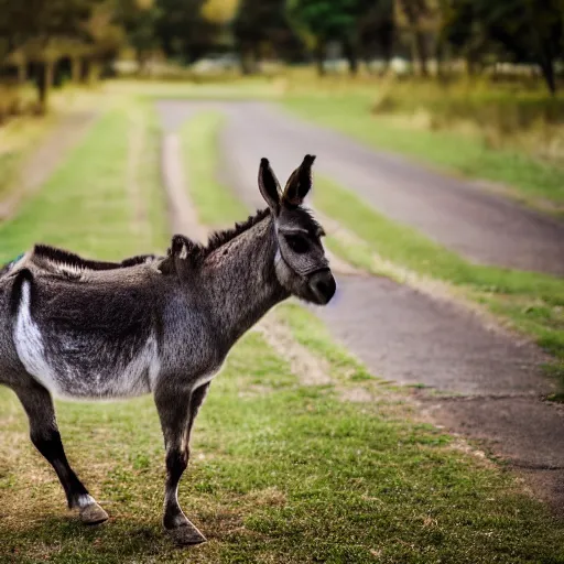 Image similar to portrait of a donkey on rollerskates, canon eos r 3, f / 1. 4, iso 2 0 0, 1 / 1 6 0 s, 8 k, raw, unedited, symmetrical balance, wide angle